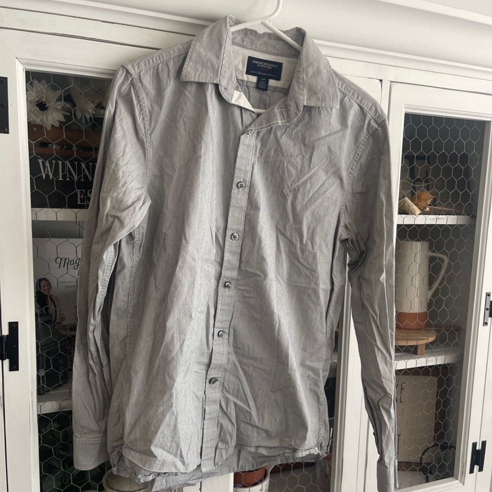 American Eagle black/gray striped button down shirt